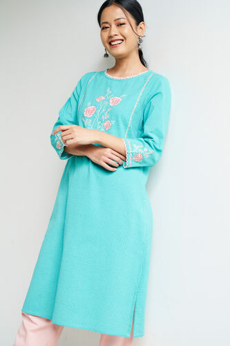 Aqua Solid Embroidered Straight Kurta, Aqua, image 1